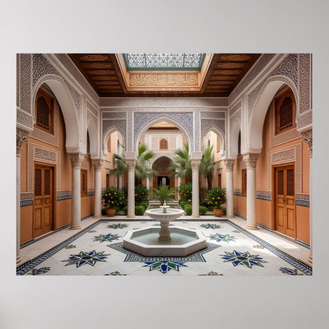 Poster Grand Moroccan Riad Courtyard with Marble Fountain (Devant)