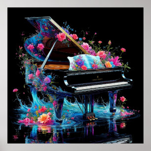 Poster Grand Piano orné de fleurs artistiques