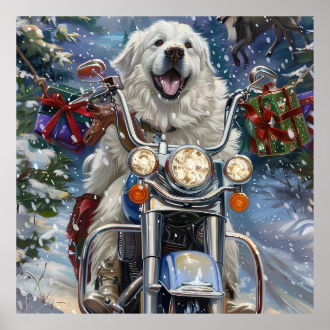 Poster Grand Pyrénées Chien équitation Moto Noël (Devant)