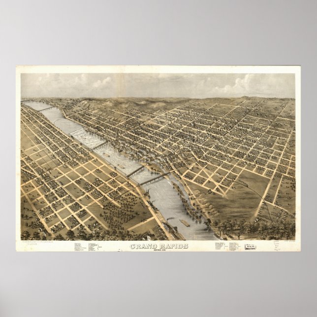 Poster Grand Rapids Michigan 1868 Antique carte panoramiq (Devant)