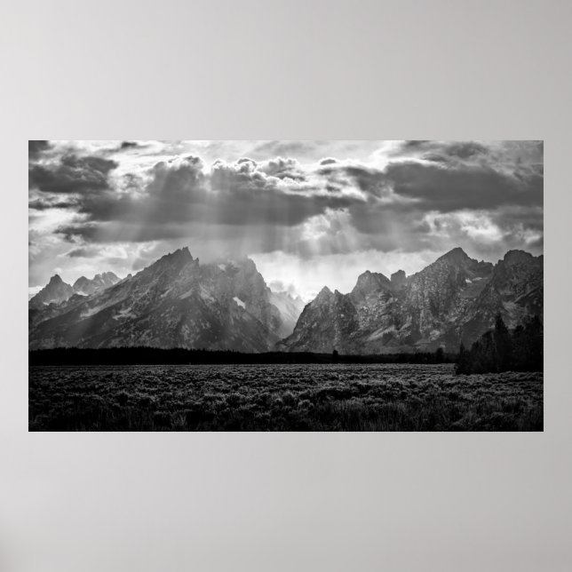 Poster Grand Teton Mountain Range en noir et blanc (Devant)