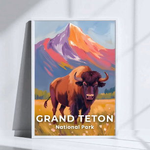 Poster Grand Teton National Park   Bison Art de voyage