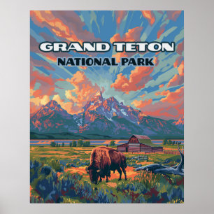Poster Grand Teton National Park Mountains Bison Wyoming