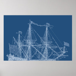Poster Grand voilier bleu Plan de voilier Bateau à voile 