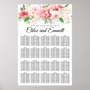 Poster Grande carte de siège Mariage rose floral de 20 ta