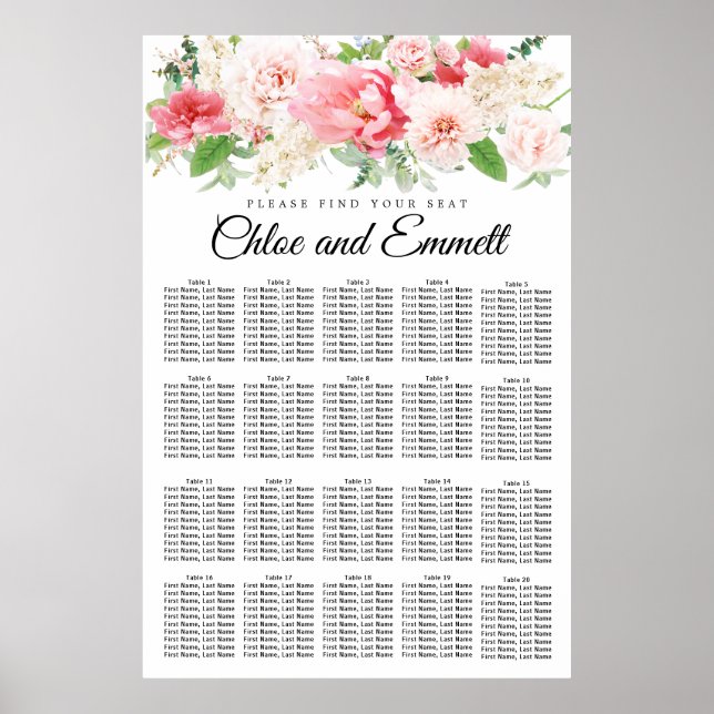 Poster Grande carte de siège Mariage rose floral de 20 ta (Devant)