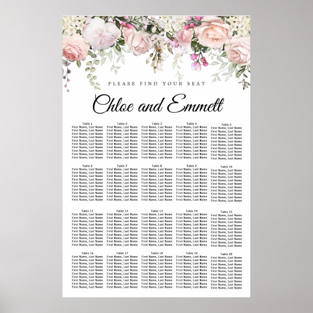 Poster Grande carte de siège Mariage rose floral de 20 ta (Devant)