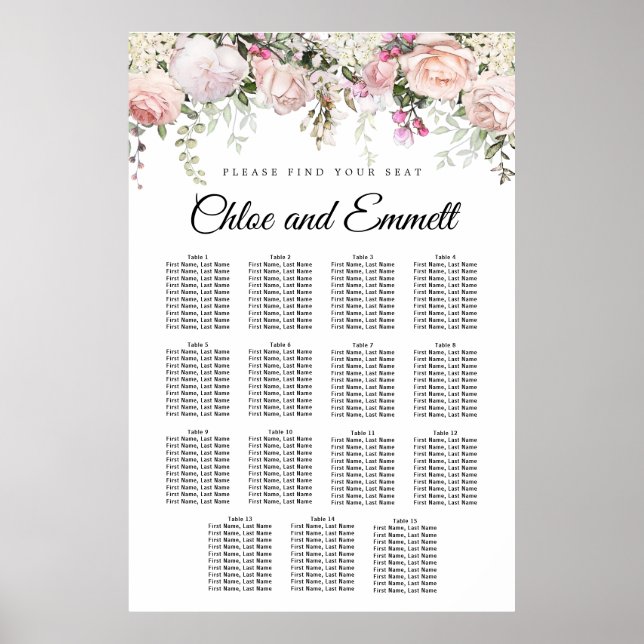 Poster Grande carte de sièges Mariages rose à 15 tables (Devant)
