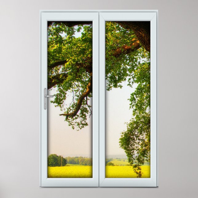 Poster Grande fenêtre d'arbre de chêne avec l'illusion de (Devant)