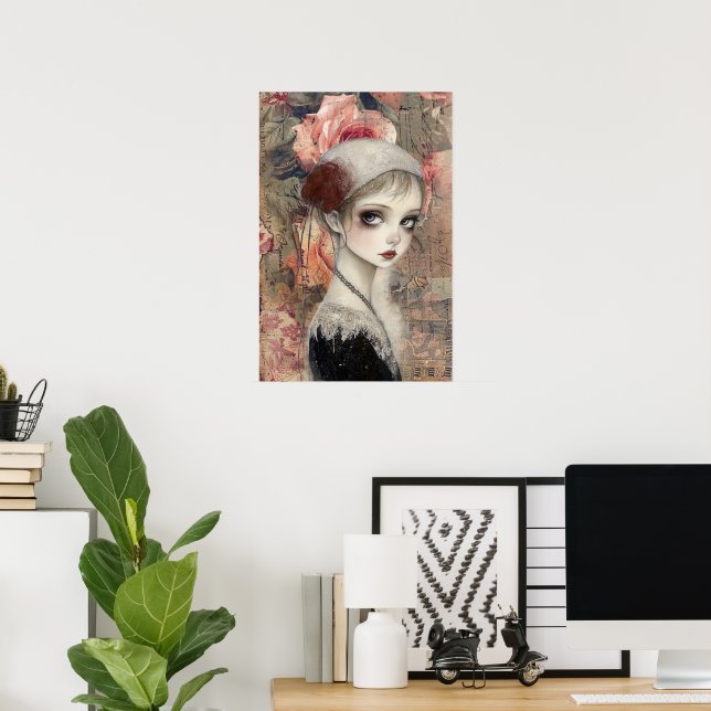 Poster Grande fille victorienne gothique et fleurs (Bureau à domicile)