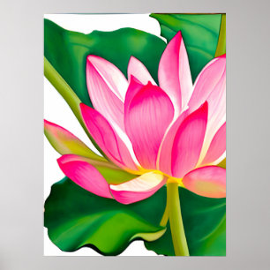 Poster Grande Lit d'eau rose avec Feuilles vert émeraude