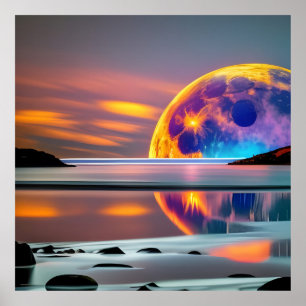 Poster Grande lune colorée s'élève au-dessus de l'eau - r