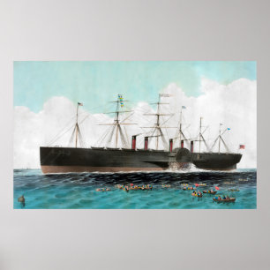 Poster Grande peinture orientale de bateau à vapeur du