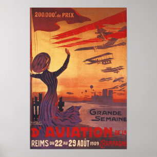Poster Grande semaine de l'aviation - Femme agitant l'aff