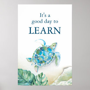 Poster Grande Tortue marine à l'aquarelle et feuilles de 