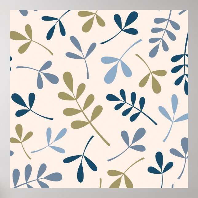 Poster Grandes Bleus Feuille Assortis Crème Or (Devant)