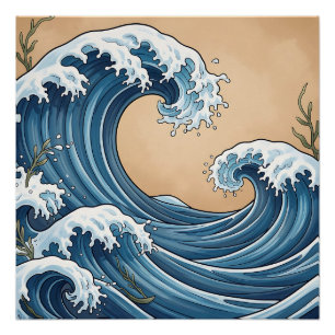 Poster Grandes vagues de l'océan bleu de style japonais
