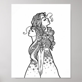 Poster Grandir ensemble - Mère Fille Ligne Portrait d'art