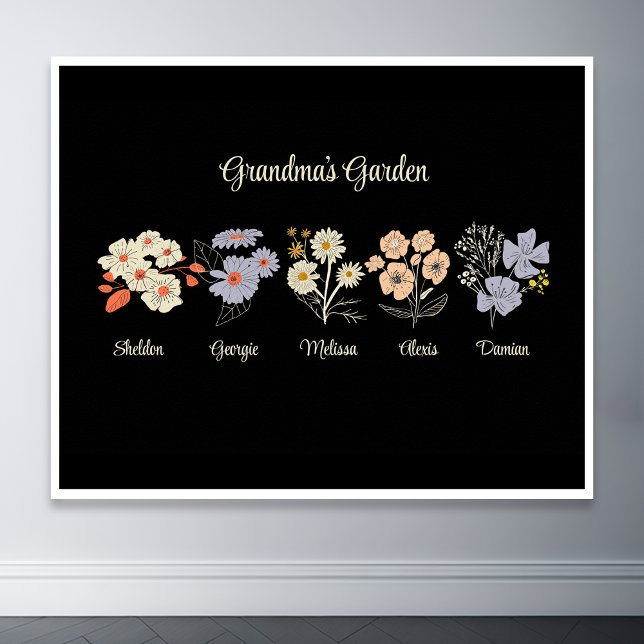 Poster Grandma Flower Garden Custom 5 Nom Vintage Floral (grandma flower garden with grandkids name floral poster)