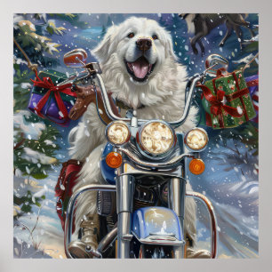 Poster Grands Pyrénées Chien Conduisant une Moto Noël