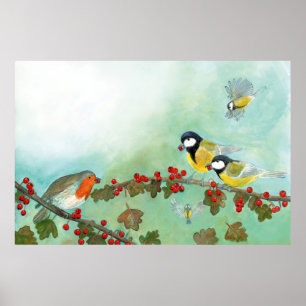 Poster Grands Tit Birds, Red Robin & Hawthorn Berries