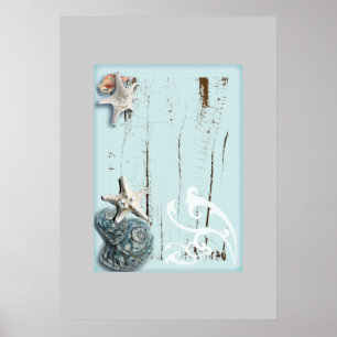 Poster Grange côtière bois aqua bleu étoile coquillages