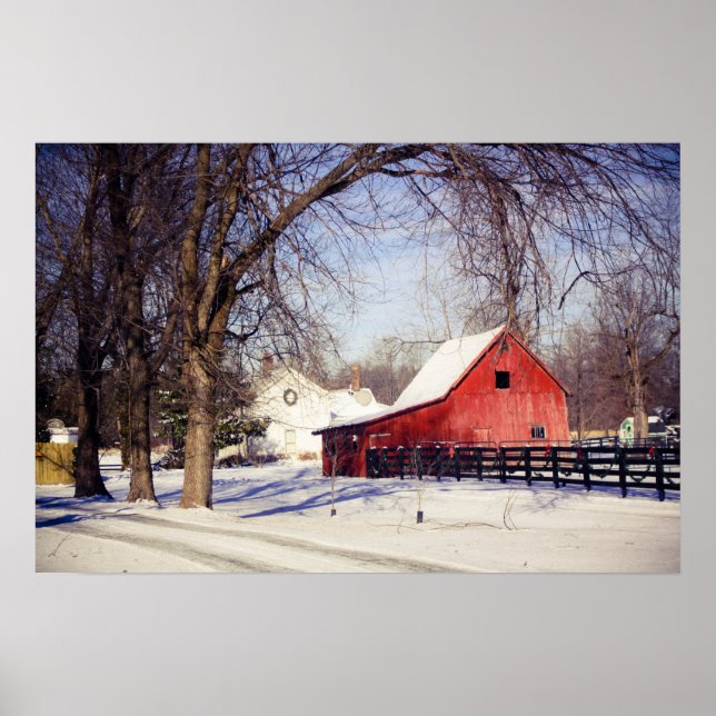 Poster Grange rouge dans la neige (Devant)