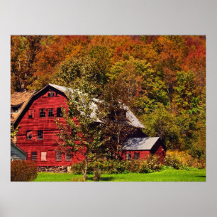 Poster Grange rouge en automne