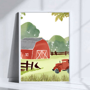 Poster Grange rouge   Peinture aquarelle de tracteur de f