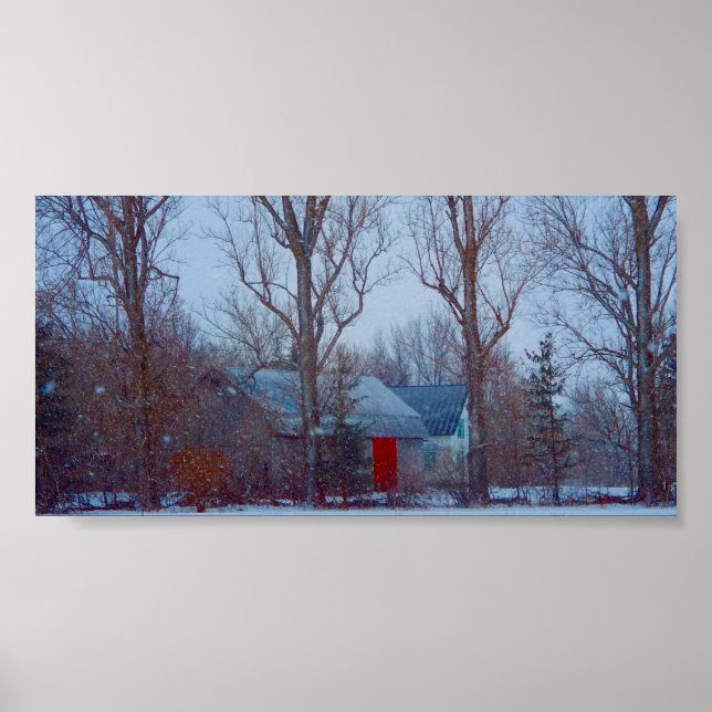 Poster Grange rouge rustique en hiver en hiver (Devant)