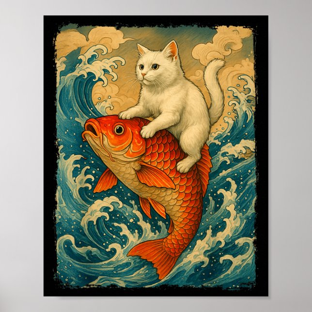 Poster Graphic Tee Men Women Funny Cat Koi Japanese Art W (Devant)