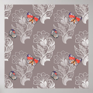 Poster Graphique à fleurs et papillon, aquarelle, motif