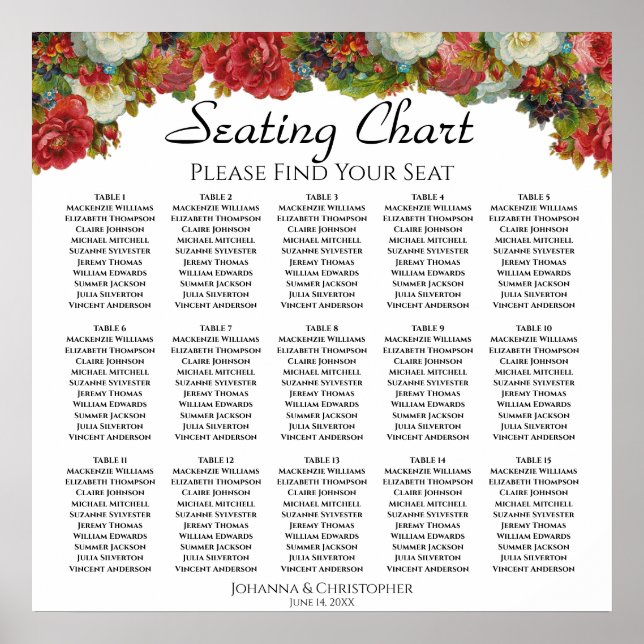 Poster Graphique de placement 15 tables Fleurs rouges d'a (Devant)