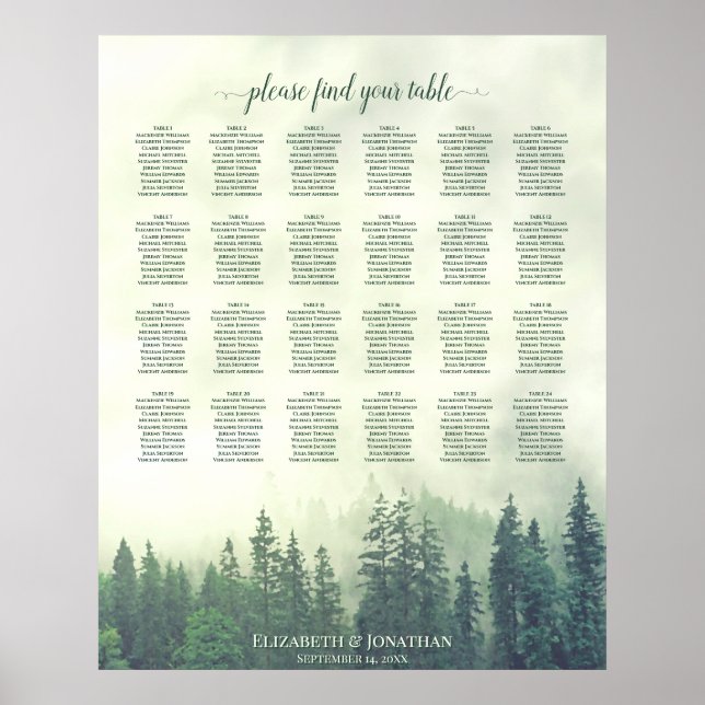 Poster Graphique de placement de mariage à 24 tables Pins (Devant)