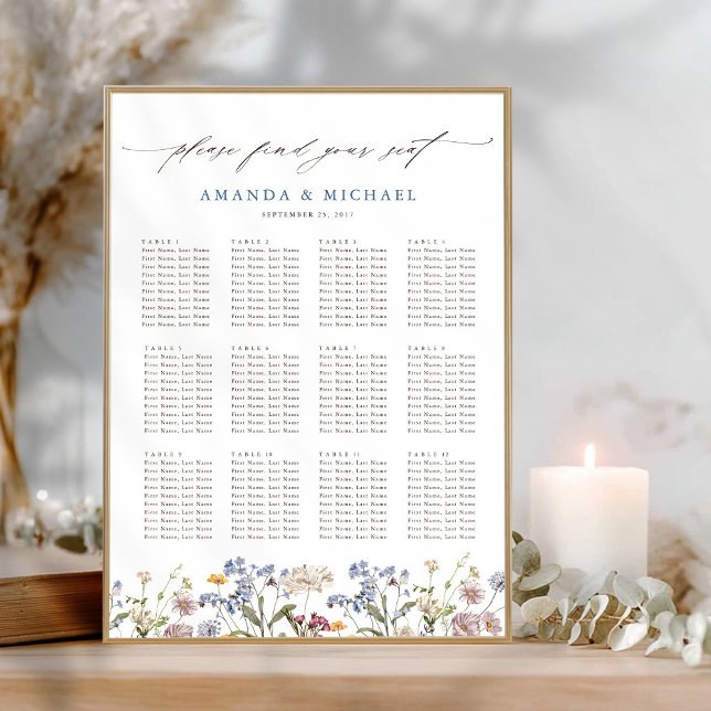 Poster Graphique de placement de mariage à fleurs sauvage (Colorful Spring Wildflower garden Wedding downloadable Seating Chart poster )
