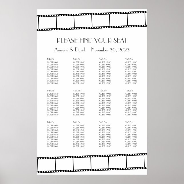 Poster Graphique de placement de mariage en bande de film (Devant)