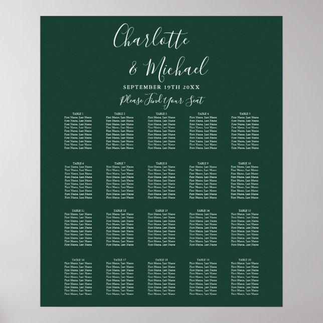 Poster Graphique de placement de mariage signature vert é (Devant)
