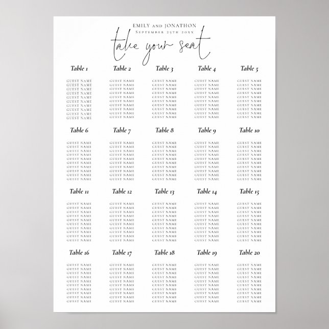 Poster Graphique de placement de sièges noir et blanc de  (Devant)