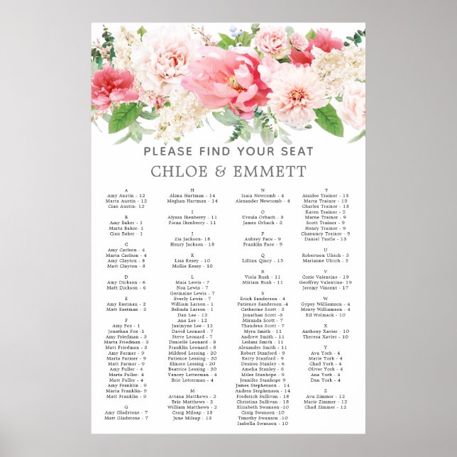 Poster Graphique de siège alphabétique floral rose rustiq (Devant)