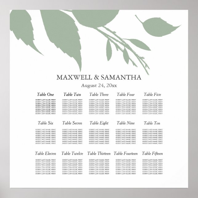 Poster GRAPHIQUE DE SIÈGE mariage Élégant Sage Green Feui (Devant)