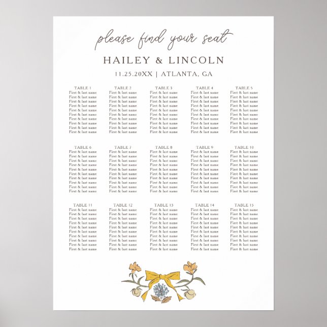 Poster Graphique de siège Mariage floral Rustique à mâcho (Devant)