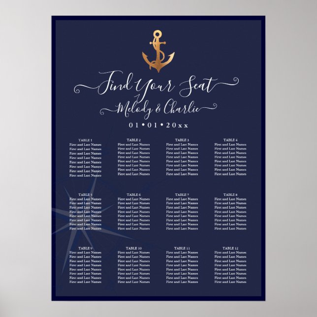 POSTER GRAPHIQUE DE SIÈGE NAUTIQUE FAUX OR ANCRE NAVY (Devant)