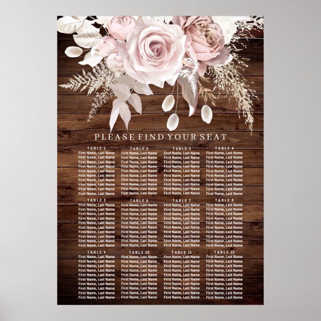 Poster Graphique de sièges à Mariage floral en bois rusti (Devant)