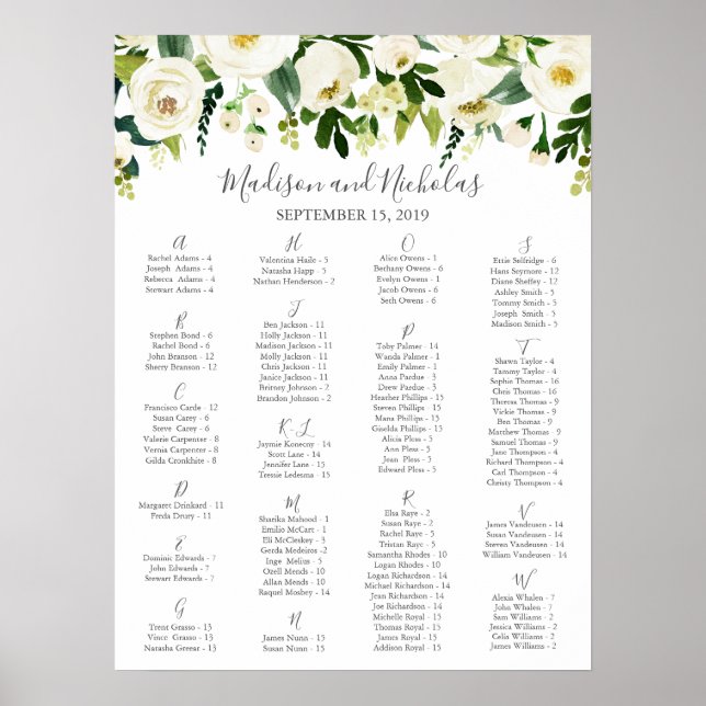 Poster Graphique de sièges Alphabétique Blanc et Vert (Devant)