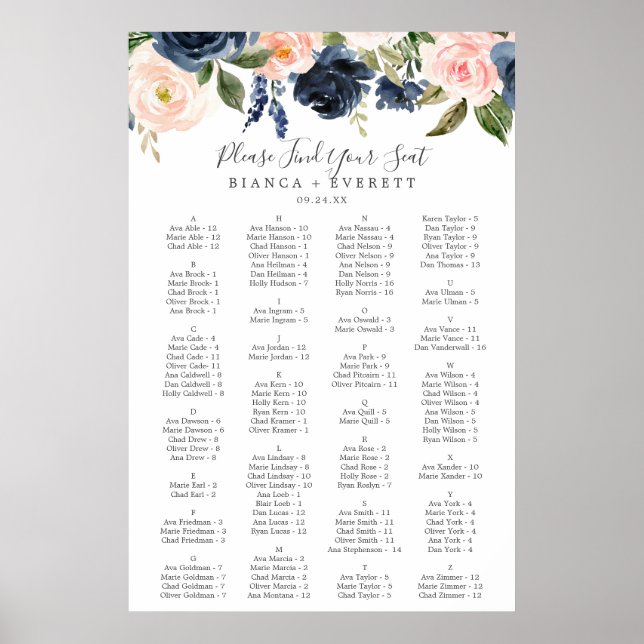 Poster Graphique de sièges alphabétiques des fleurs de la (Devant)
