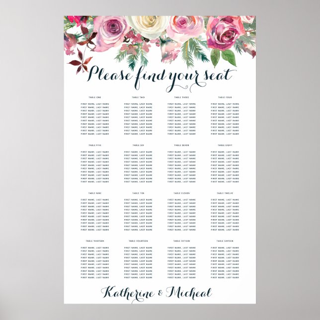 Poster Graphique de sièges de Mariage floral (Devant)