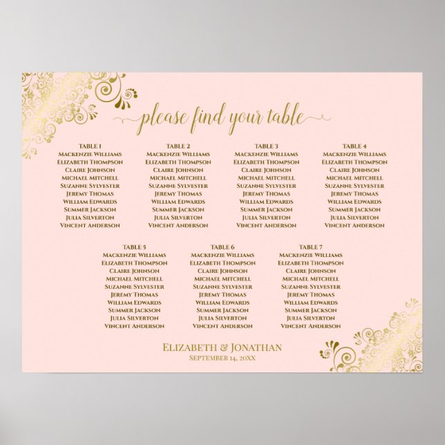 Poster Graphique de sièges Mariage 7 tables rose et or (Devant)