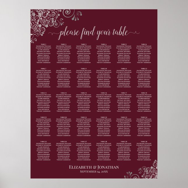 Poster Graphique de table de mariage 30 tables Argent sur (Devant)