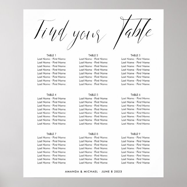 Poster Graphique de table de Mariage de calligraphie élég (Devant)