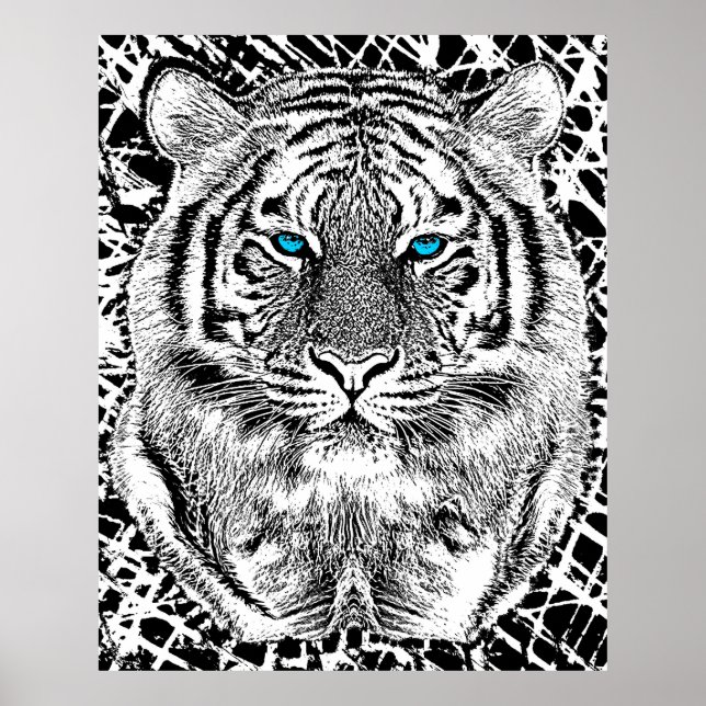 Poster Graphique de tigre noir et blanc aux yeux bleus (Devant)